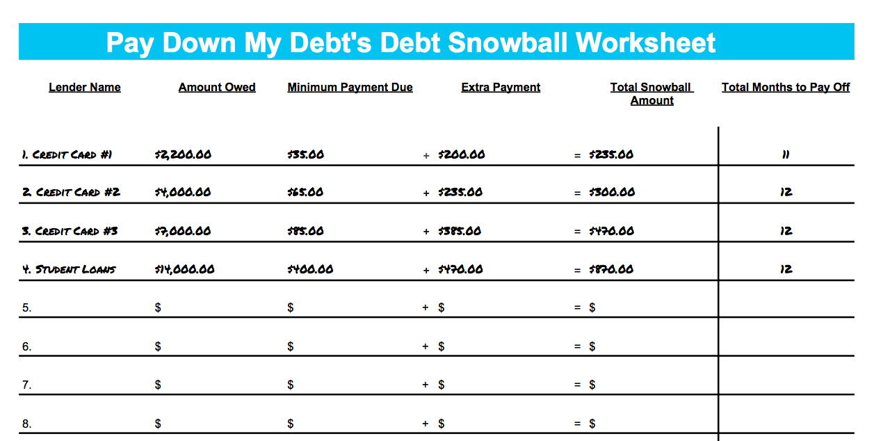 Pay Down My Debt's Debt Snowball Worksheet With Debt Snowball Worksheet