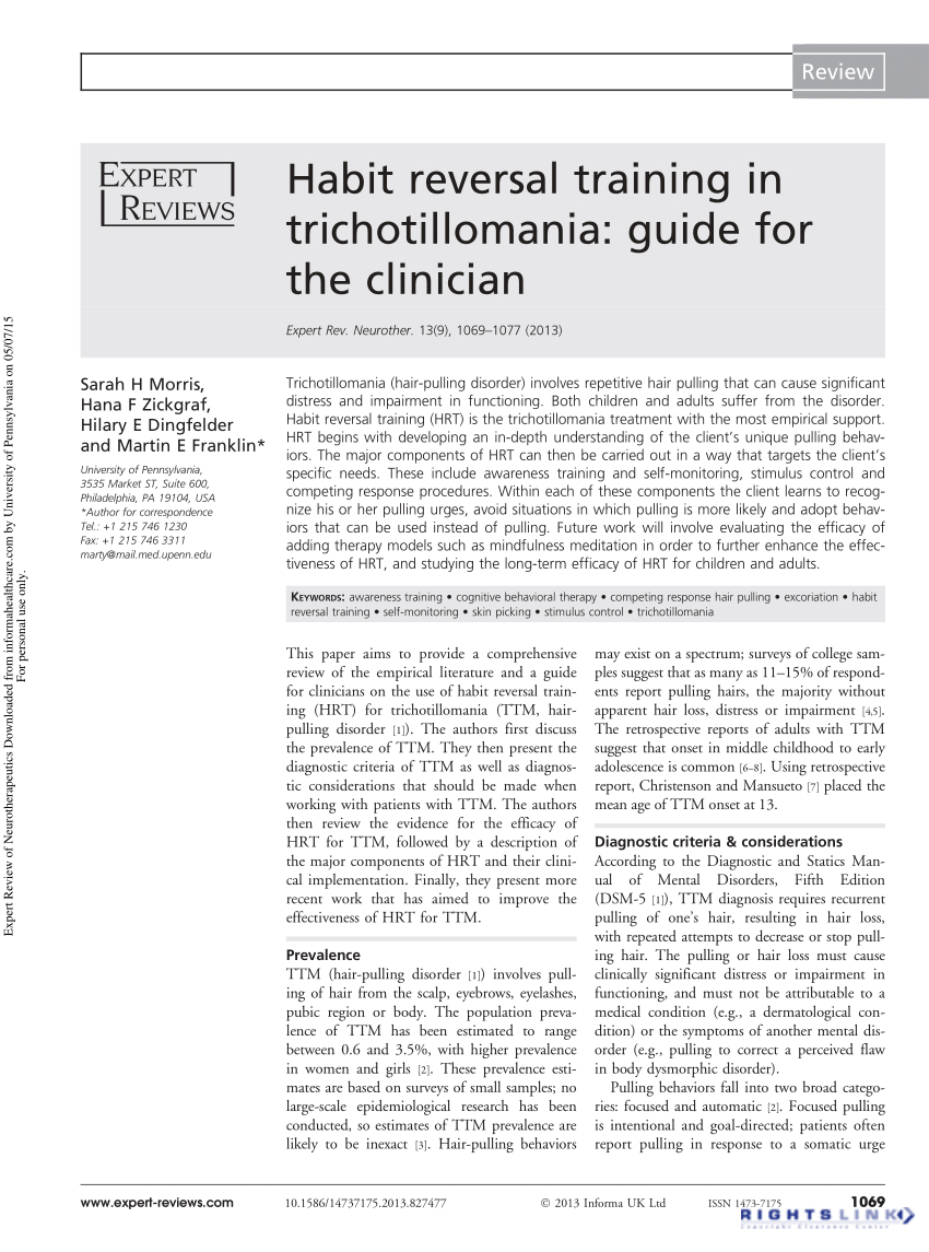Pdf Habit Reversal Training In Trichotillomania Guide For The For Trichotillomania Cbt Worksheets