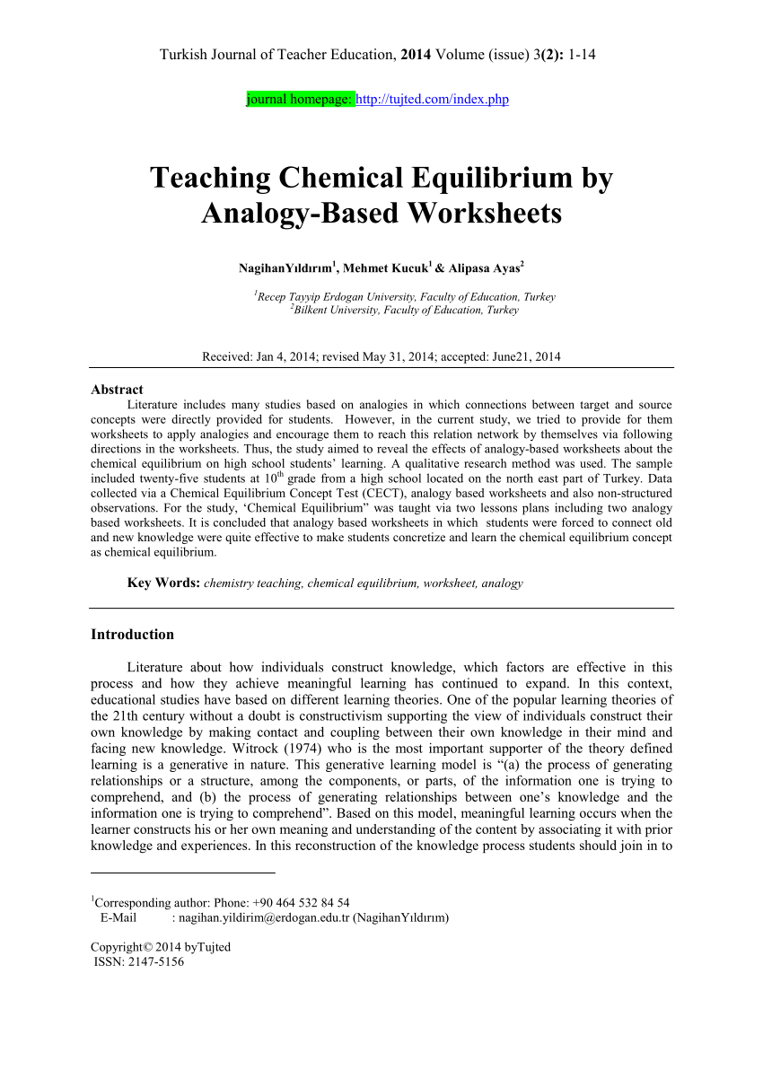 Pdf Teaching Chemical Equilibriumanalogybased Worksheets With Regard To Net Ionic Equations Advanced Chem Worksheet 10 4 Answers