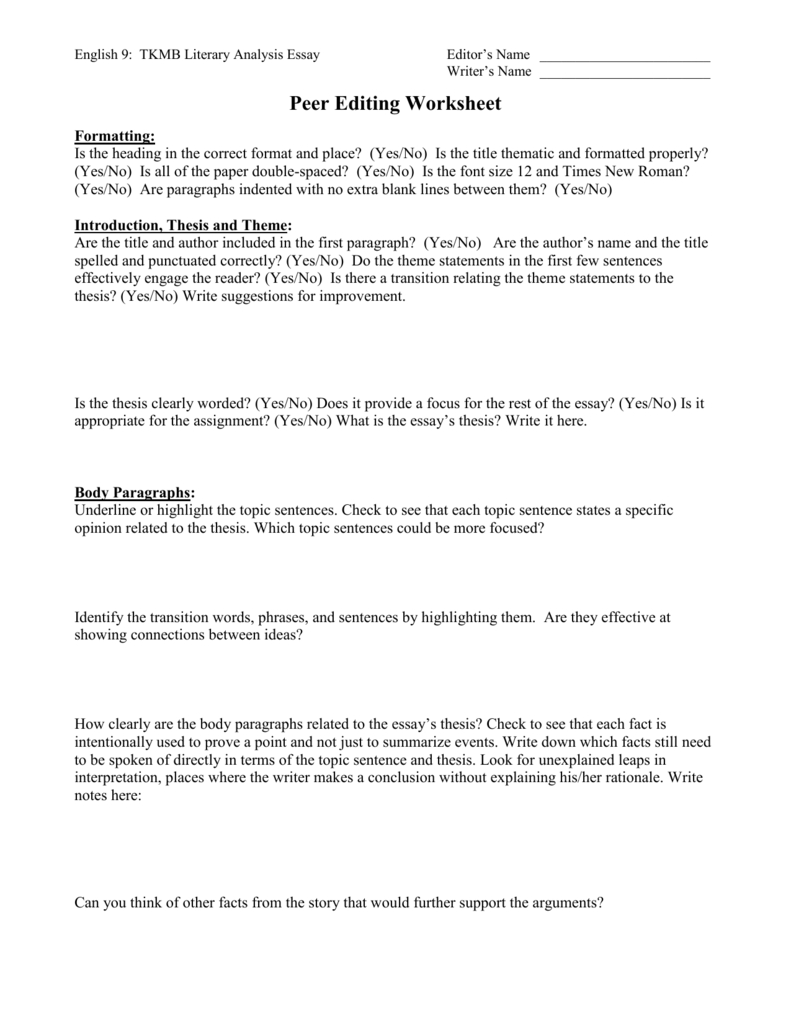 Peer Editing Worksheet  Squalicum High School With Regard To Paragraph Editing Worksheets
