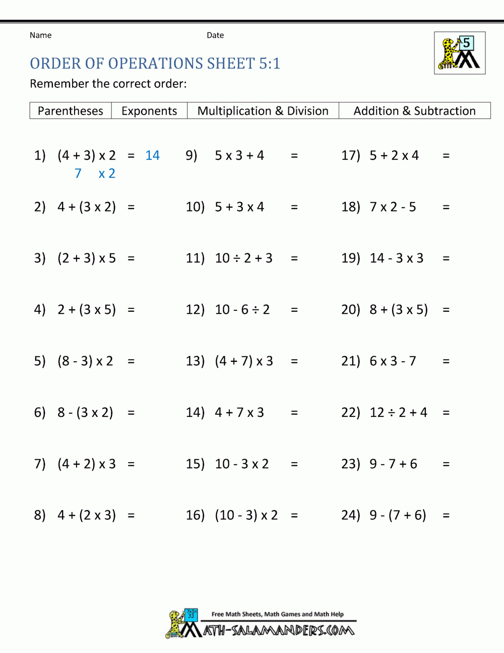 Pemdas Rule  Worksheets Intended For Order Of Operations With Fractions Worksheet