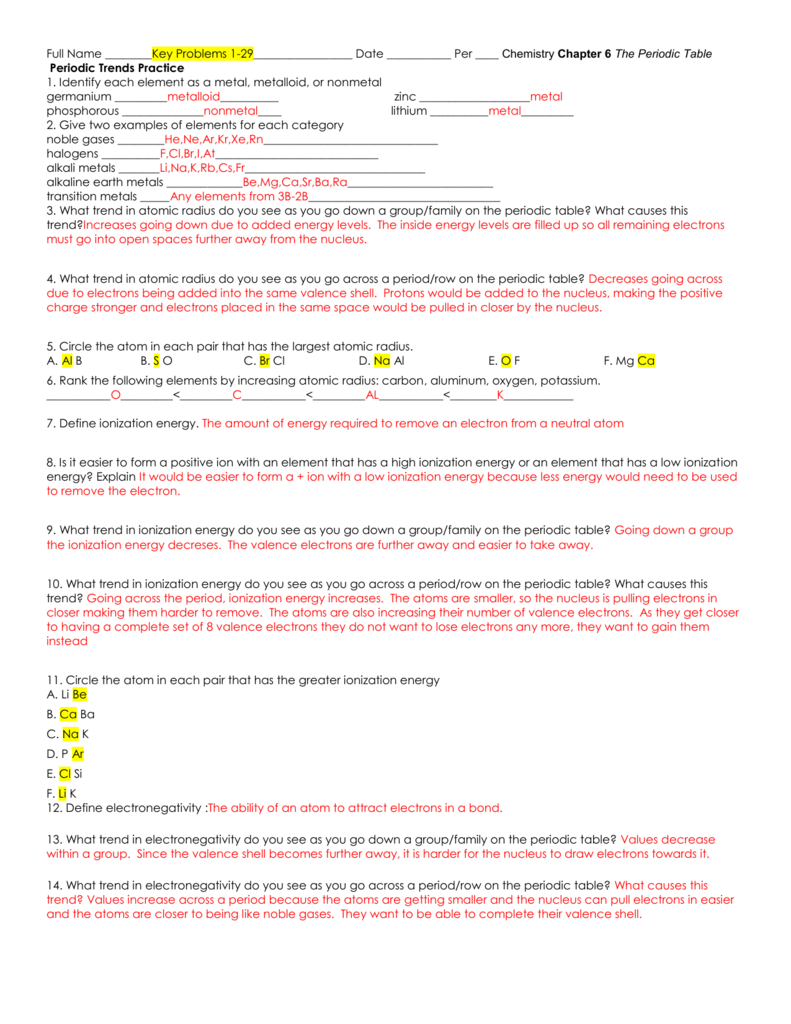 Periodic Trends Practice Answer Key In Periodic Trends Practice Worksheet