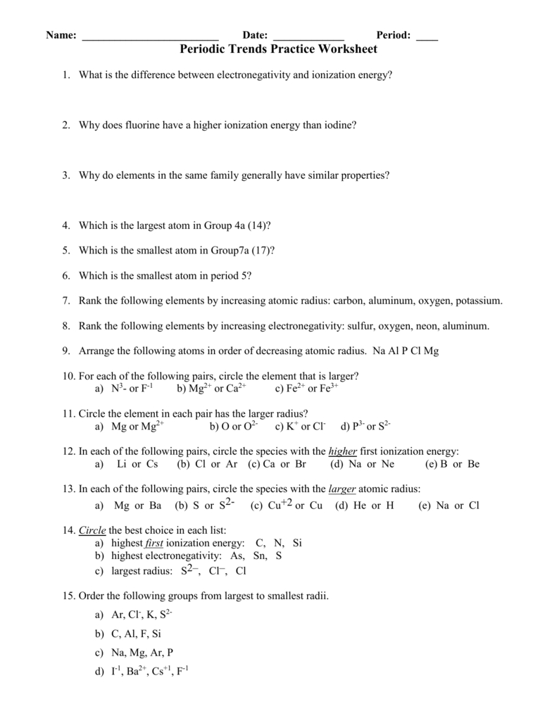 Periodic Trends Practice Worksheet With Periodic Trends Practice Worksheet