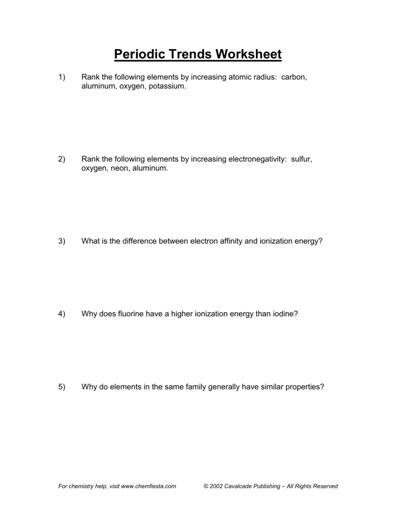 Periodic Trends Worksheet And Periodic Trends Worksheet Answers Chemistry