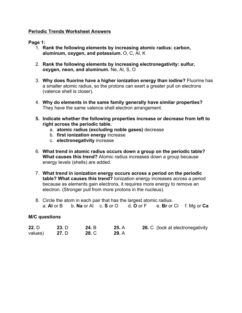 Periodic Trends Worksheet Answers Page 1 1 Rank The Following Also Periodic Trends Worksheet Answers Chemistry