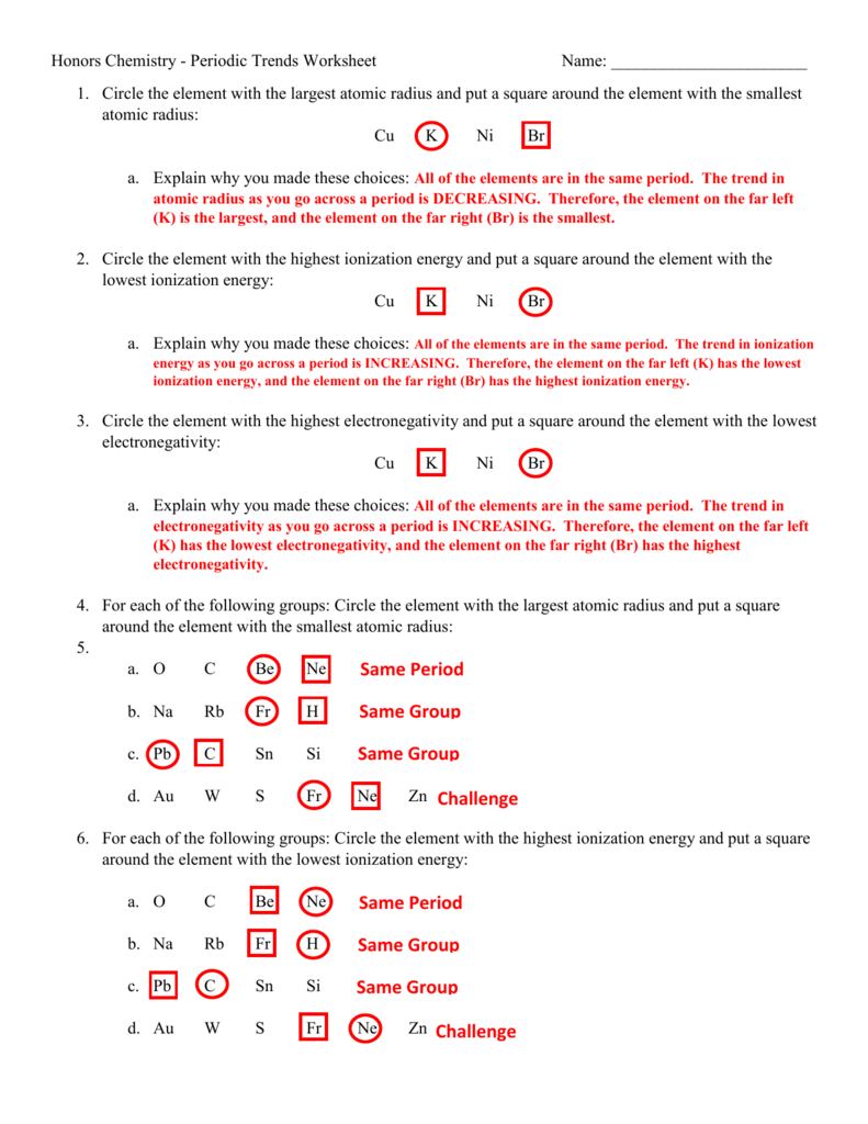 Periodic Trends Worksheet Answers Pertaining To Periodic Trends Worksheet Answers Chemistry