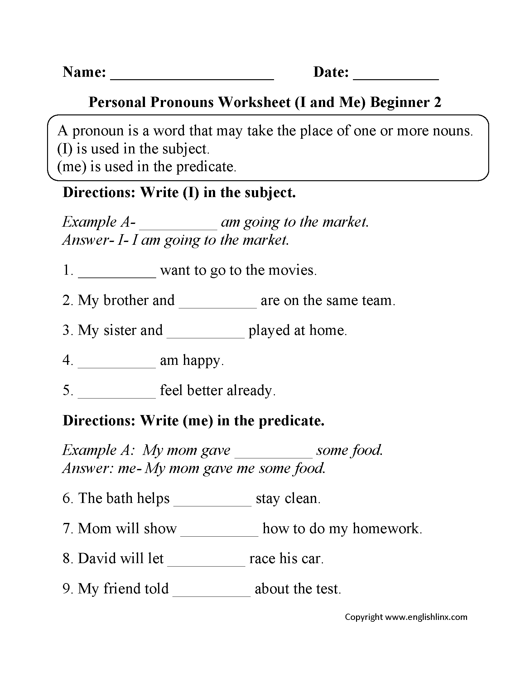 Personal Pronouns Worksheets  I And Me Personal Pronouns Worksheets Pertaining To Subject Pronoun Worksheets For Grade 2