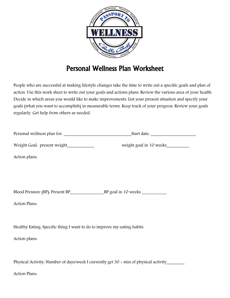 Personal Wellness Plan Worksheet Within Health And Wellness Worksheets