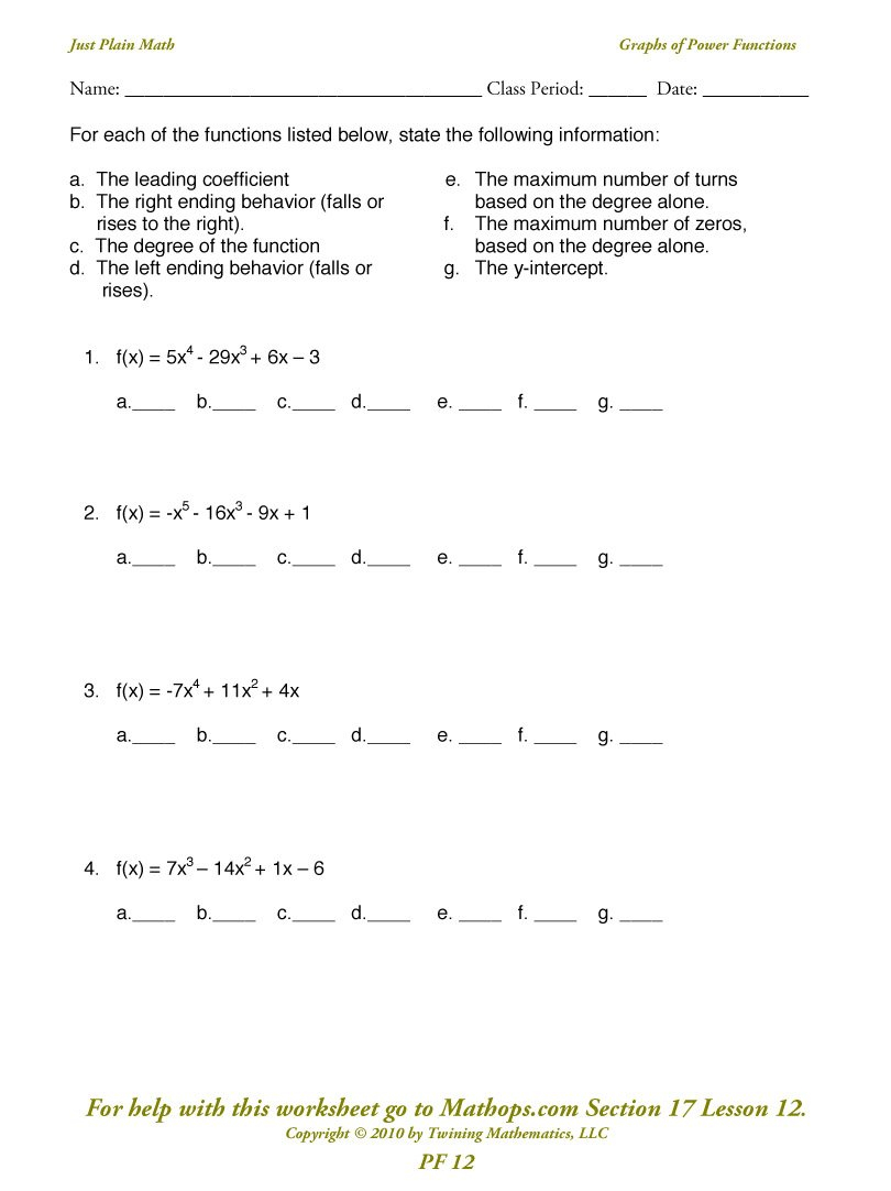 Pf 12 Graphs Of Powerpolynomial Functions  Mathops Along With Polynomial Functions Worksheet