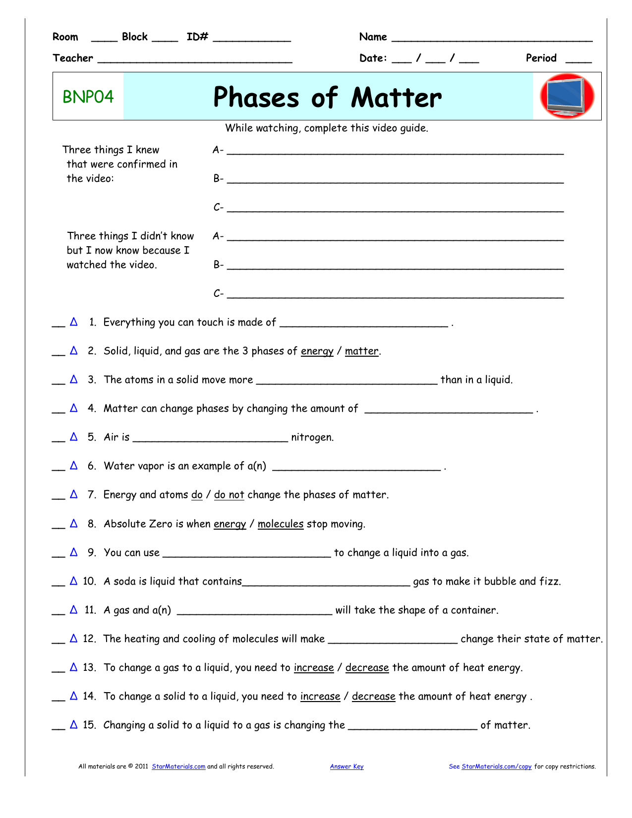 Phases Of Matter  Bill Nye The Science Guy Wkst With Regard To Phases Of Matter Worksheet Answers