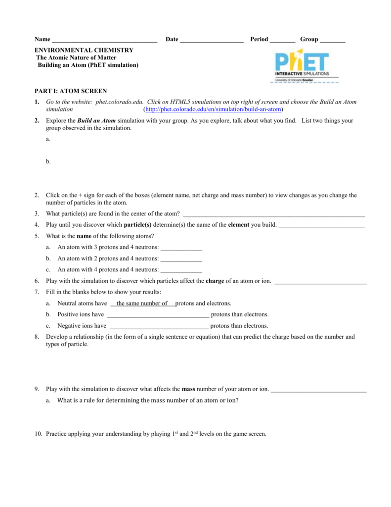 Phet Build And Atom With Regard To Phet Build An Atom Worksheet Answers