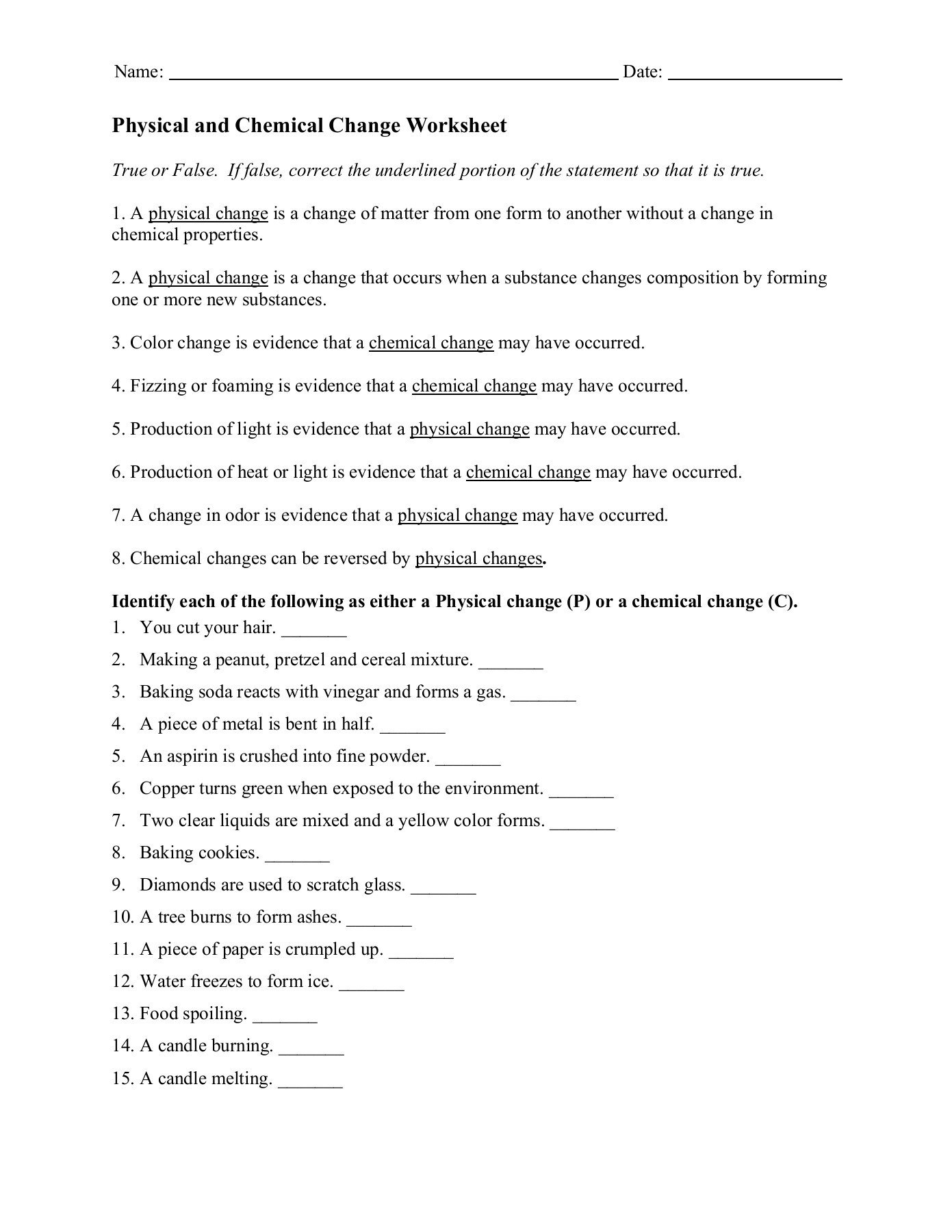Physical And Chemical Change Worksheet Intended For Physical And Chemical Changes Worksheet