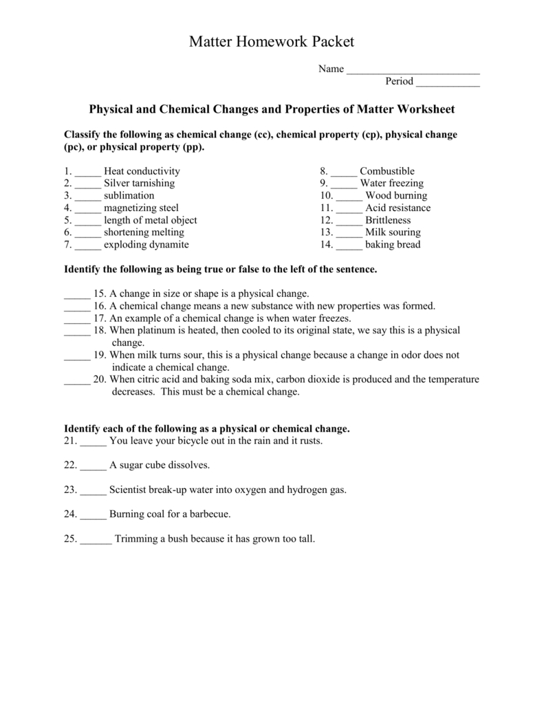 Physical And Chemical Changes And Properties Of Matter Worksheet Along With Classification Of Matter Worksheet Chemistry Answers