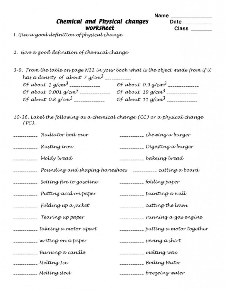 chemical and physical changes chemistry homework worksheets