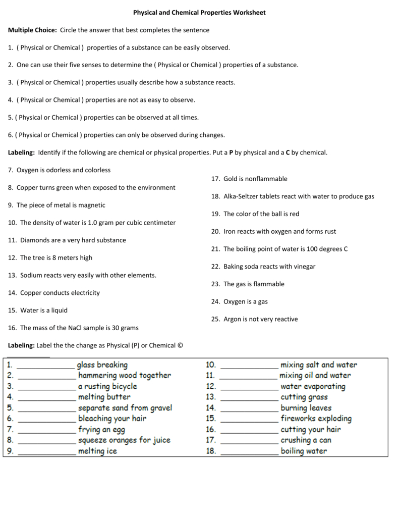 Physical And Chemical Properties Worksheet As Well As Physical And Chemical Properties And Changes Worksheet Answer Key