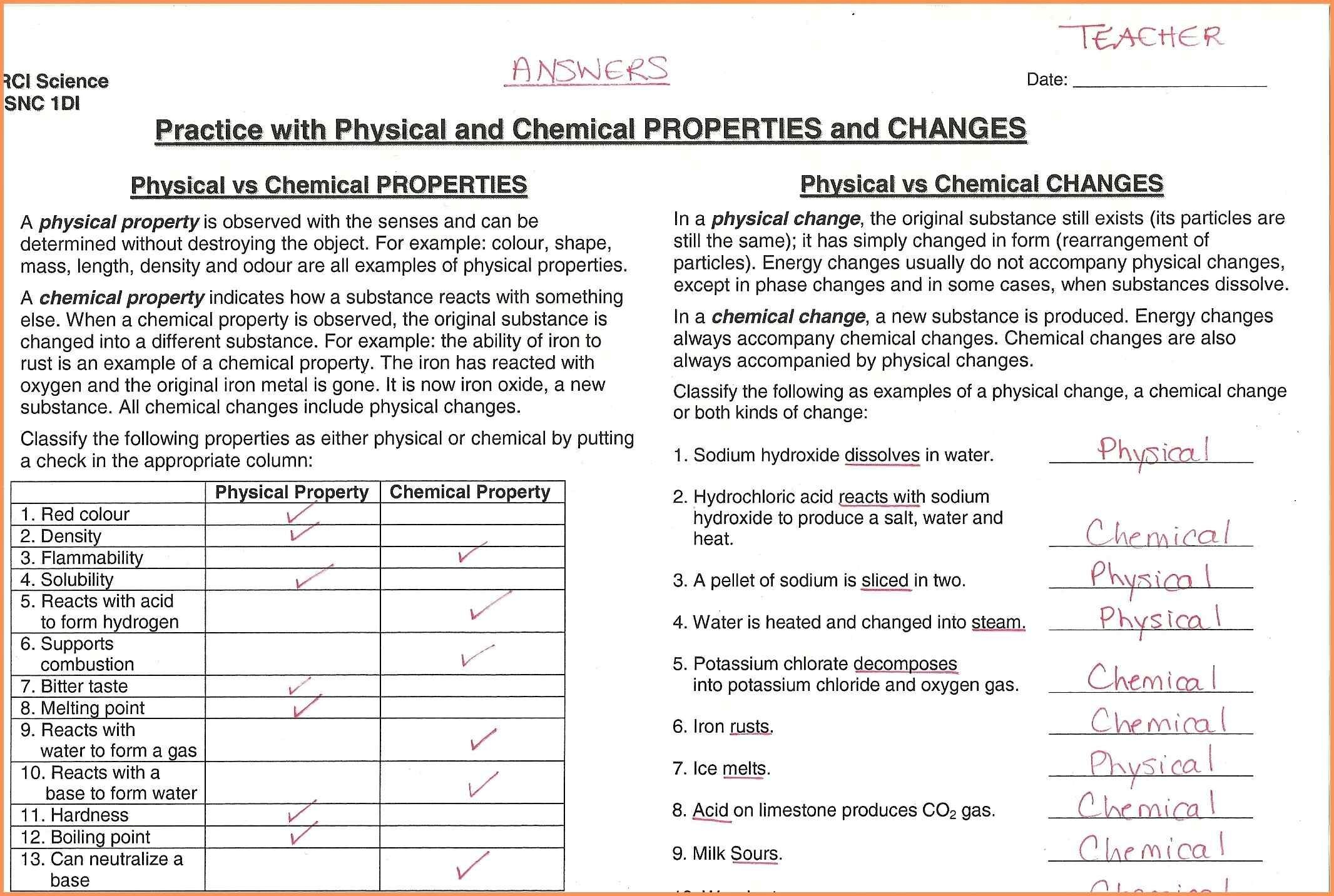 Physical And Chemical Properties Worksheet Physical Science A Also Physical And Chemical Properties Worksheet