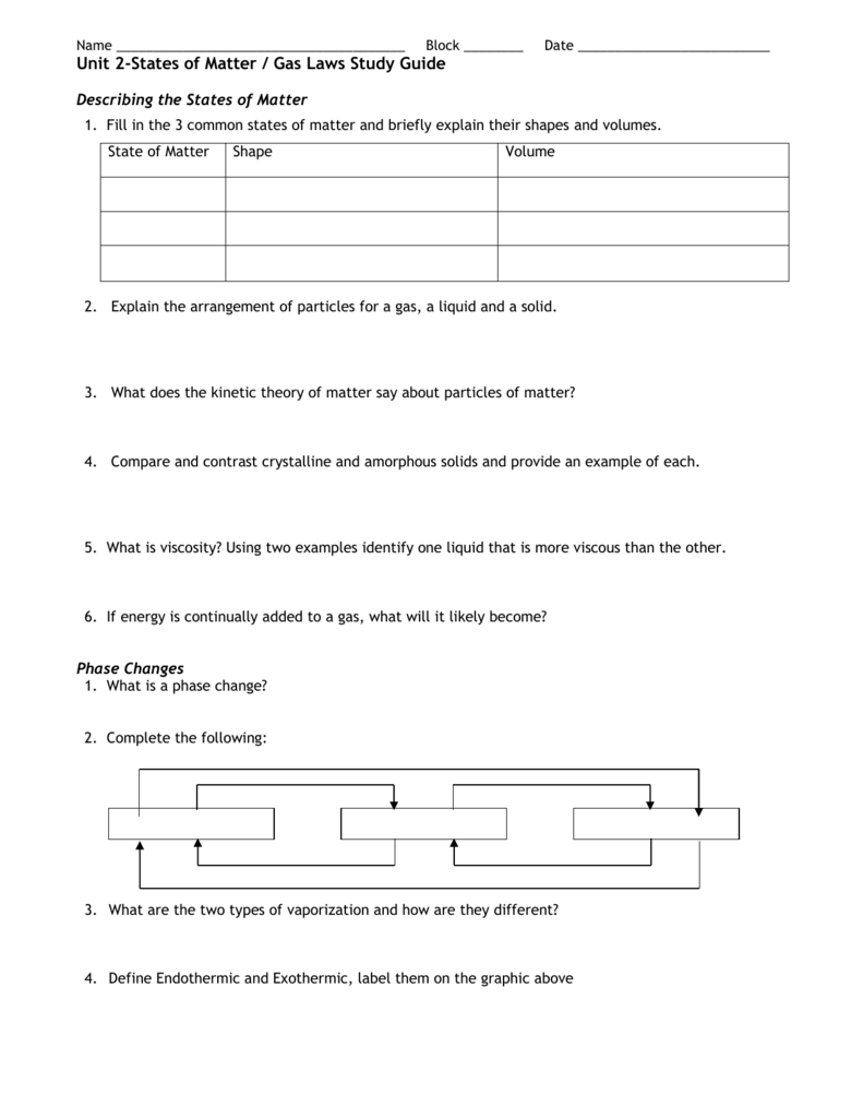Physical Science Chapter 3 States Of Matter Worksheet 3 Throughout States Of Matter Worksheet Answer Key