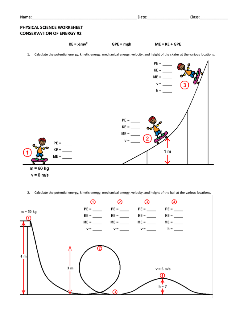 Physical Science Worksheet Conservation Of Energy 2 Name Date With Regard To Conservation Of Mechanical Energy Worksheet