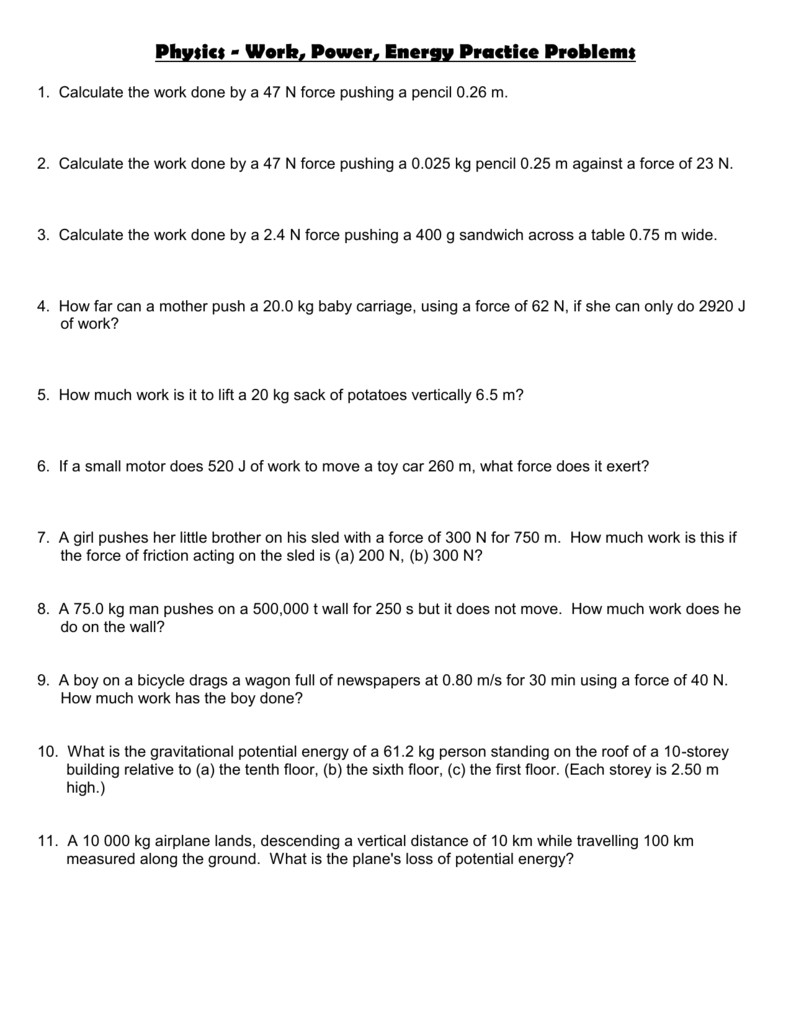 Physics 11  Work Power Energy Worksheet Throughout Power To A Power Worksheet