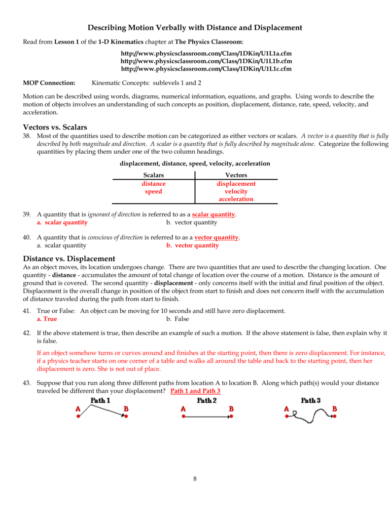 Physics Classroom Worksheets Key Unit 1 Also Displacement Velocity And Acceleration Worksheet Answers