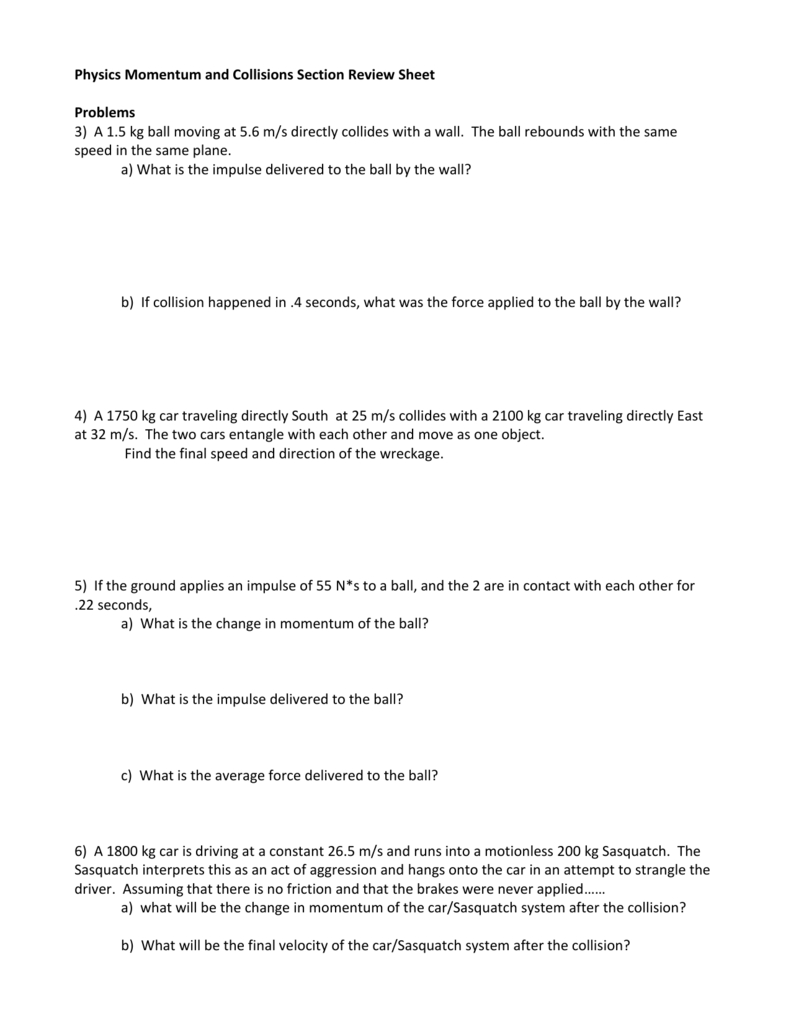 Physics Momentum And Collisions Section Review Sheet Inside Momentum And Collisions Worksheet Answer Key