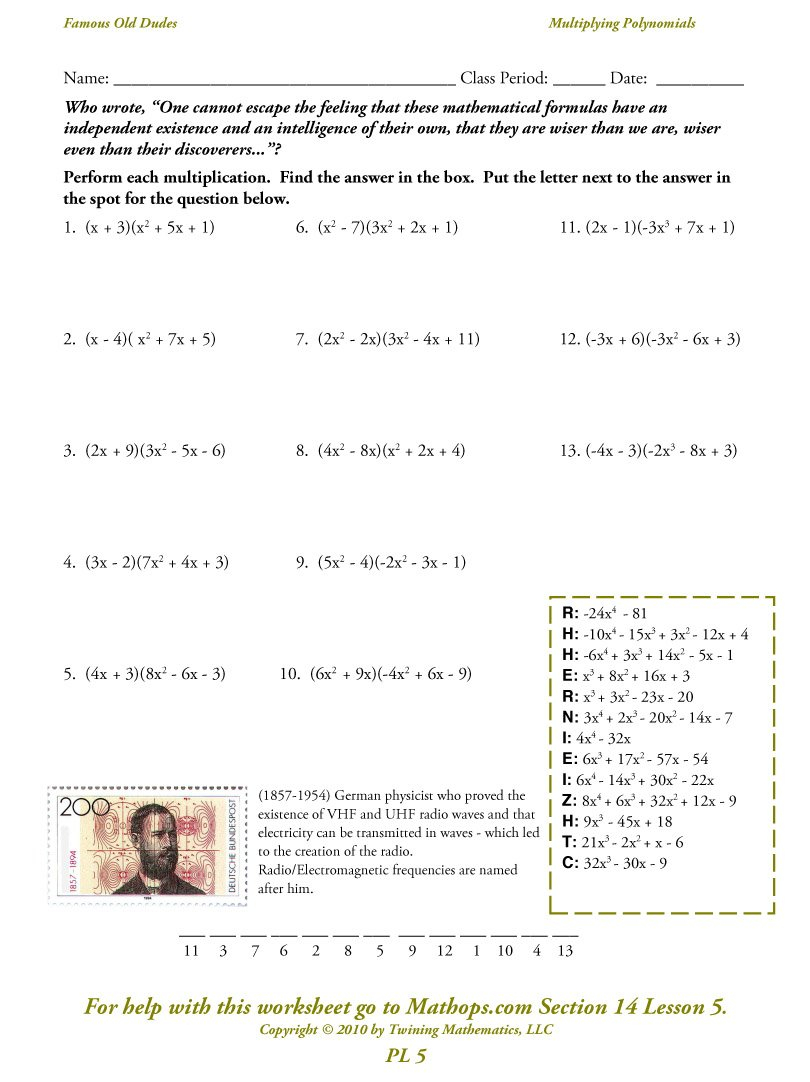 Pl 5 Multiplying Polynomials  Mathops Also Multiplying Polynomials Worksheet