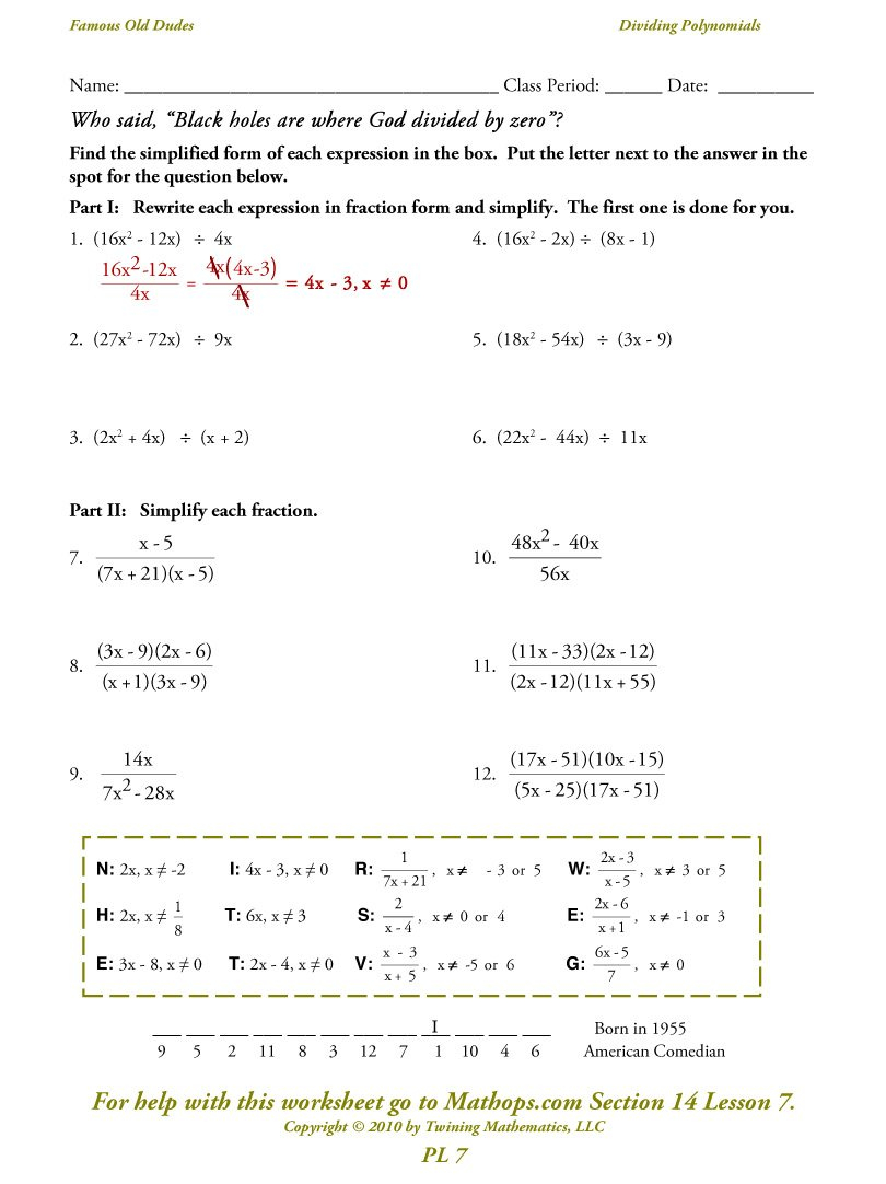 Pl 7 Dividing Polynomials  Simplifying  Mathops Intended For Polynomials Worksheet With Answers