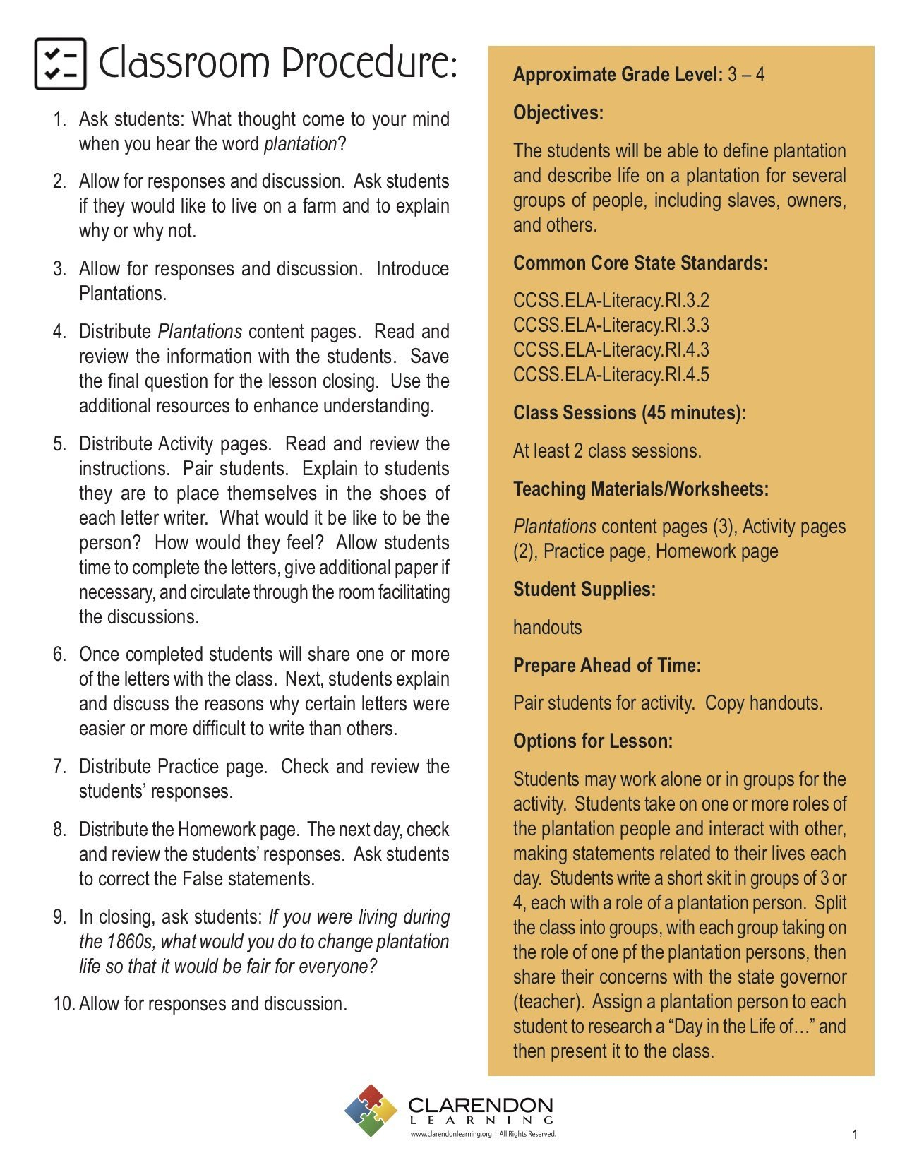 Plantations Lesson Plan  Clarendon Learning In Ri3 7 Worksheets