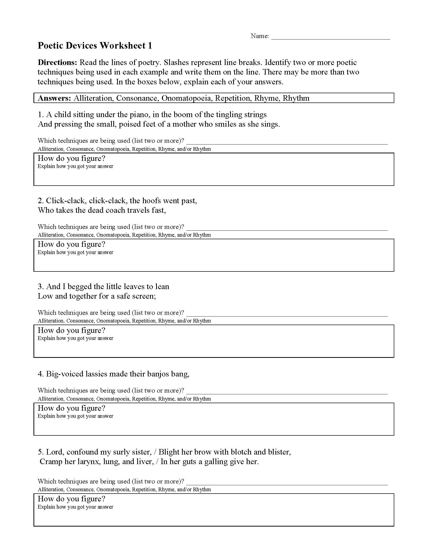 Poetic Devices Worksheet 1  Preview Together With Poetry Worksheet 1