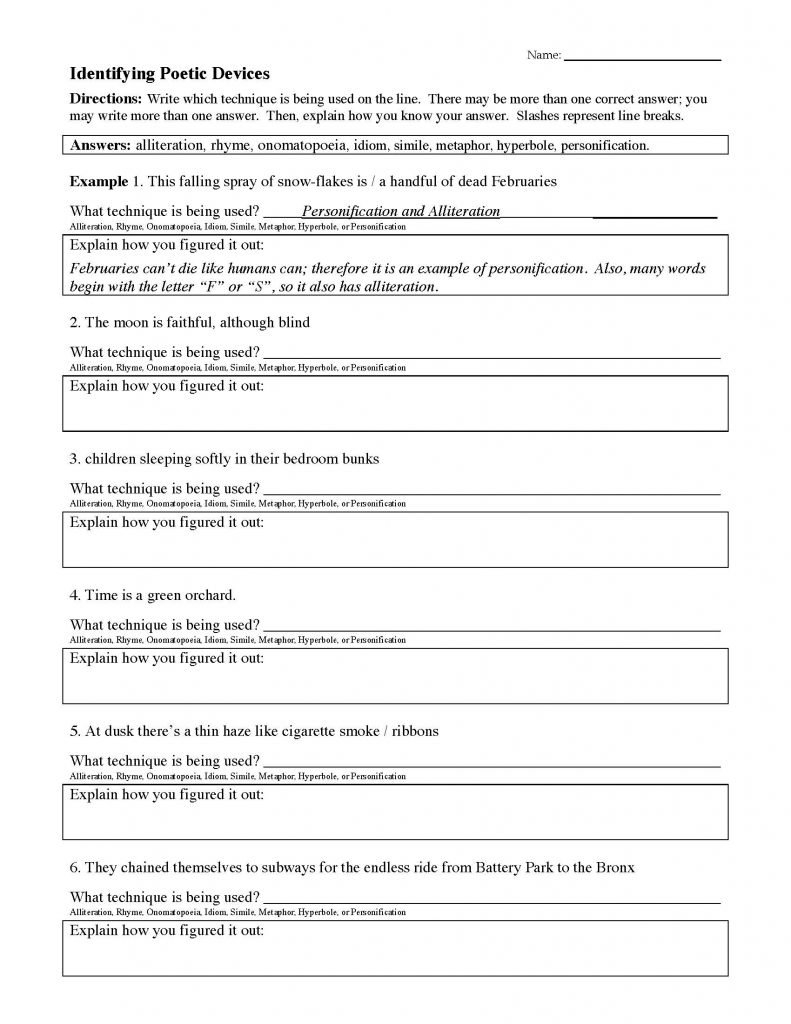 Poetic Devices Worksheet 5  Soccerphysicsonline Regarding Poetic Devices Worksheet 5