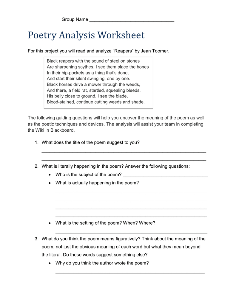 Poetry Analysis Worksheet Or Poetry Analysis Worksheet Answers