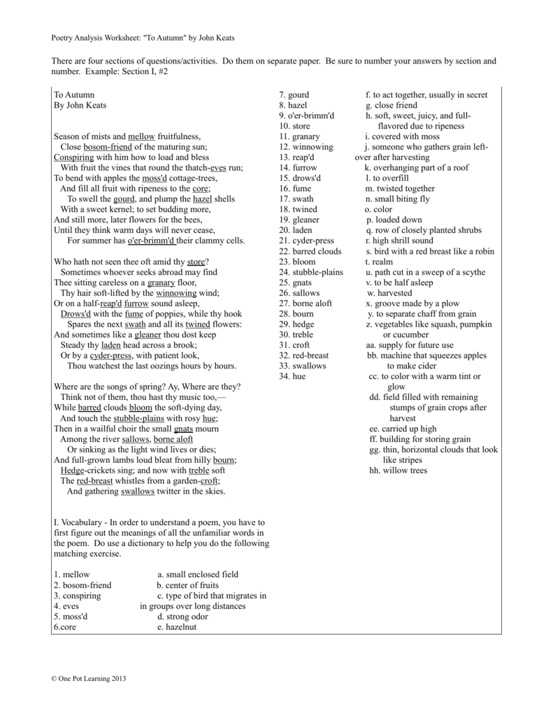 Poetry Analysis Worksheet "to Autumn"john For Poetry Analysis Worksheet Answers