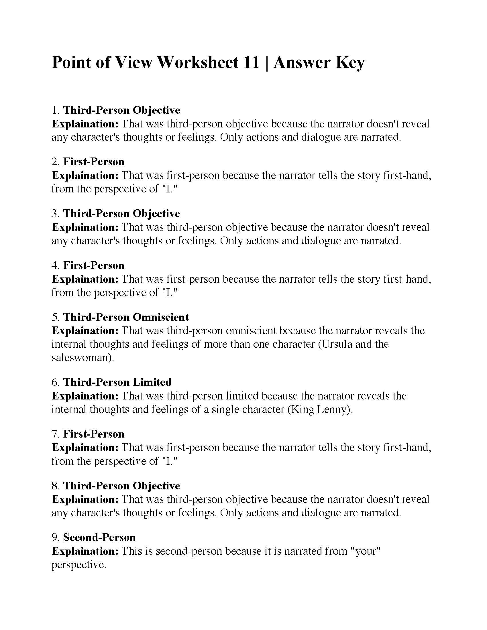 Point Of View Worksheet 11  Answers For Point Of View Worksheet 11