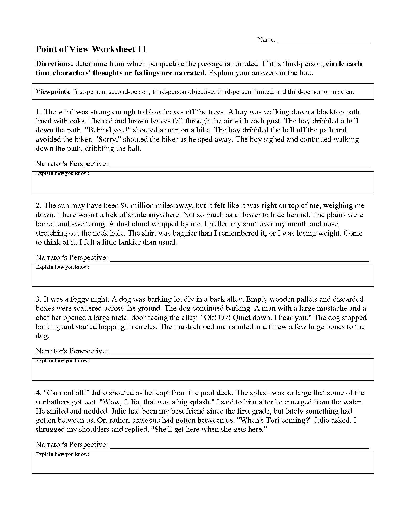 Point Of View Worksheet 11  Preview Pertaining To Point Of View Worksheet 11