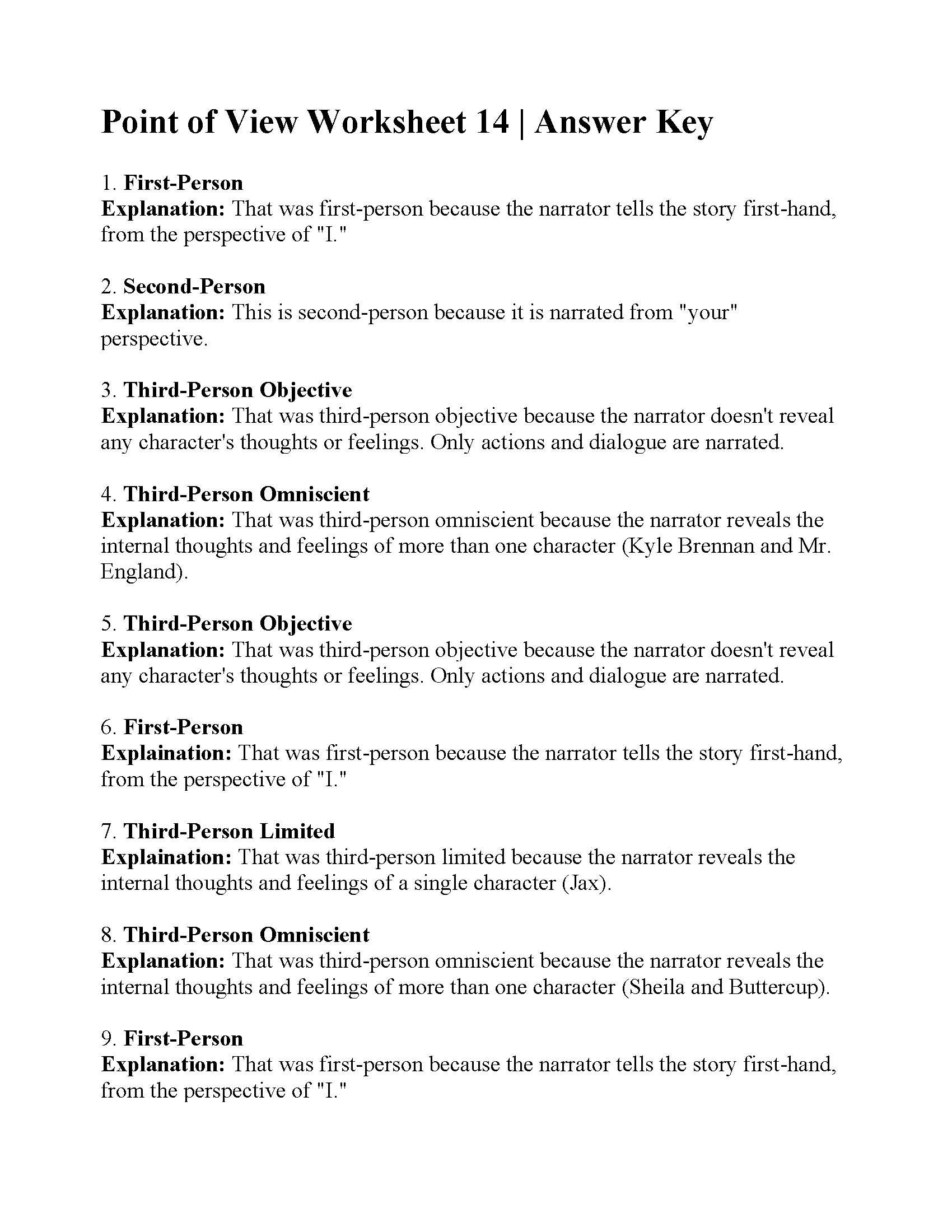 Point Of View Worksheet 14  Answers Together With Point Of View Worksheet Answers