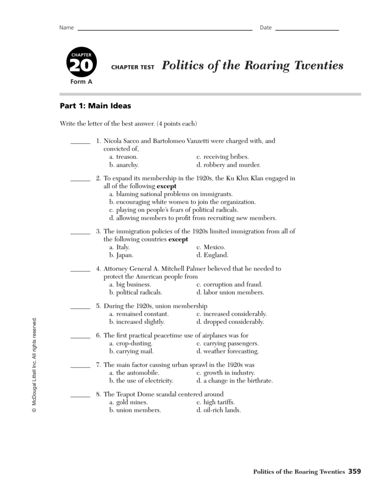 Politics Of The Roaring Twenties Throughout Chapter 20 Section 2 The Harding Presidency Worksheet Answers