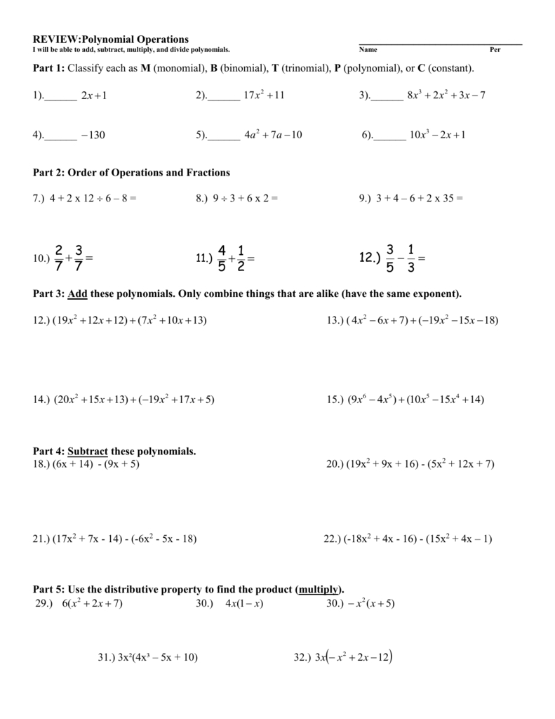 Polynomials Worksheet 1 Pertaining To Multiplying Polynomials Worksheet 1 Answers