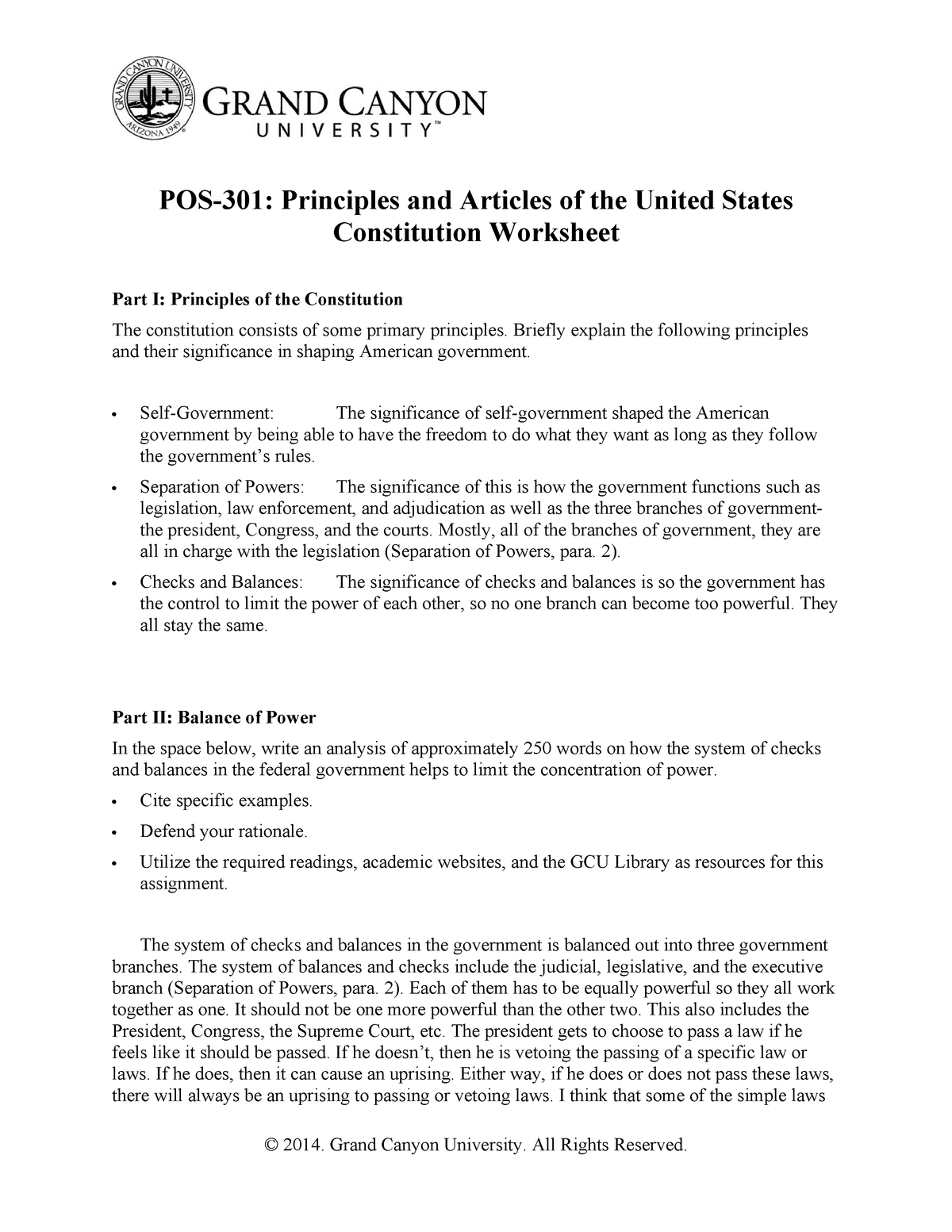 Pos301  Assignment About The Government Branches  Pos301 For United States Constitution Worksheet