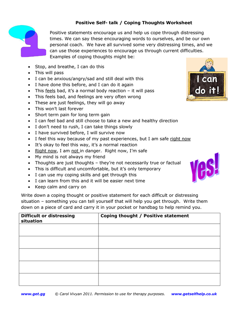 Positive Self Talk  Coping Thoughts Worksheet With Positive Self Talk Worksheet