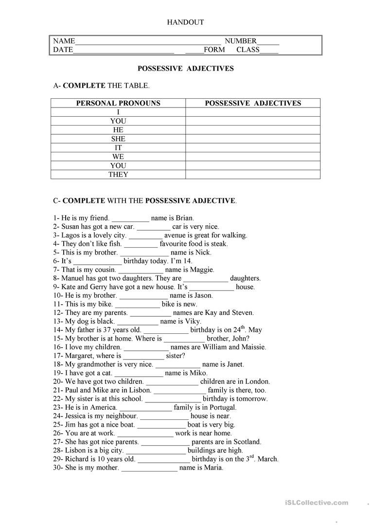 Possessive Adjectives Worksheet  Free Esl Printable Worksheets Made With Possessive Adjectives Worksheet
