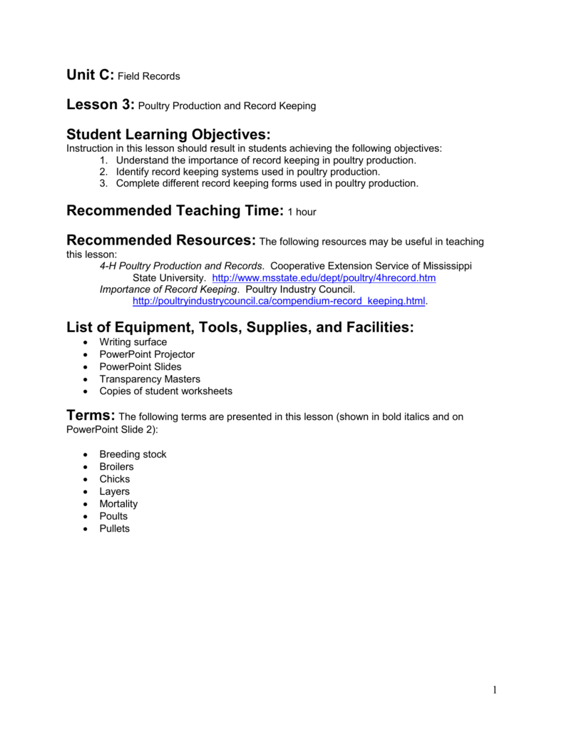 Poultry Production And Record Keeping For The Poultry Industry Worksheet Answers