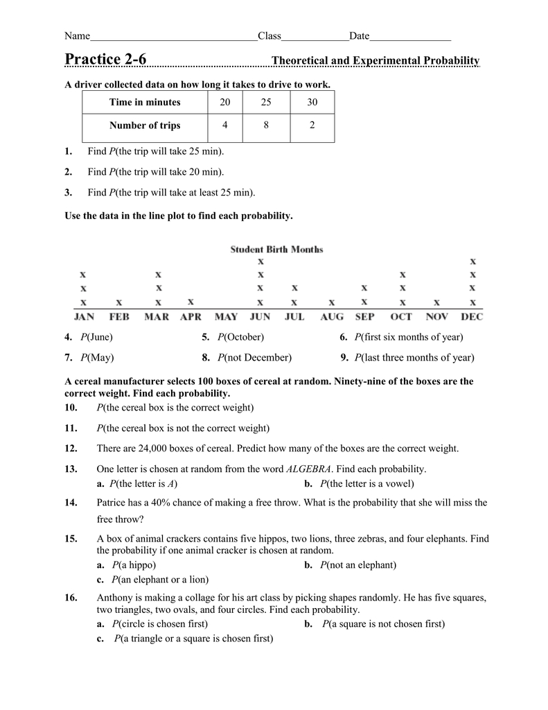 Practice 26 Theoretical And Experimental Probability Name Class For Theoretical And Experimental Probability Worksheet Answers