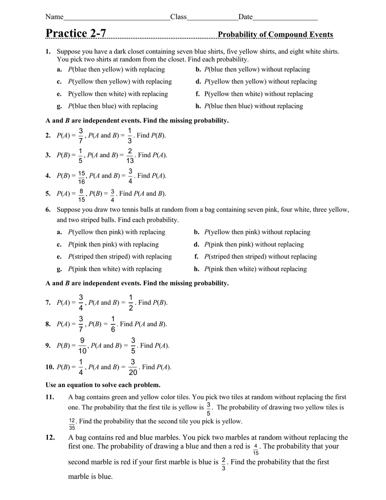 Practice 27 Probability Of Compound Events Name Along With Probability Of Compound Events Worksheet With Answer Key