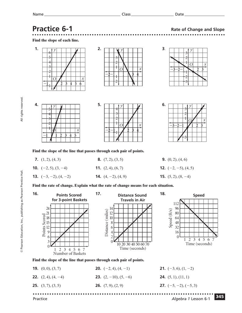 Practice 61 Rate Of Change And Slope 3 4 Along With Find The Slope Of Each Line Worksheet Answers