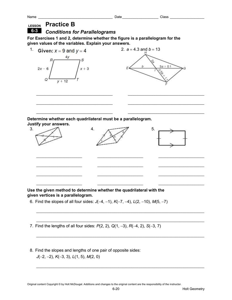 Practice B Conditions For Parallelograms Within Conditions For Parallelograms Worksheet