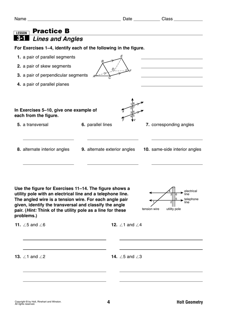Practice B Lines And Angles 31 For 3 1 Lines And Angles Worksheet Answers