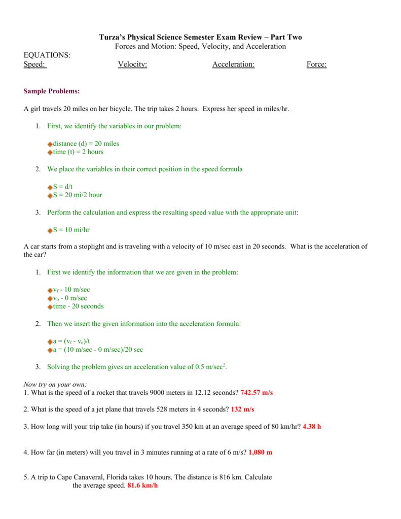 Practice Problems Speed Velocity And Acceleration Inside Speed Velocity And Acceleration Calculations Worksheet Answers Key