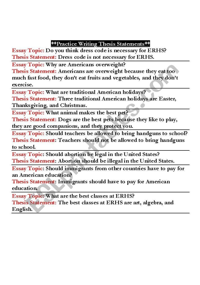 Practice Writing A Thesis Statement  Esl Worksheetalhannah17 Also Thesis Statement Practice Worksheet