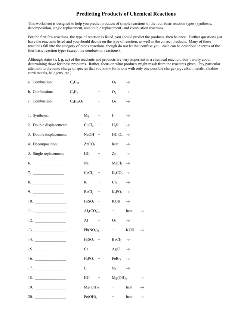 Predicting Products Of Chemical Reactions In Predicting Products Of Chemical Reactions Worksheet