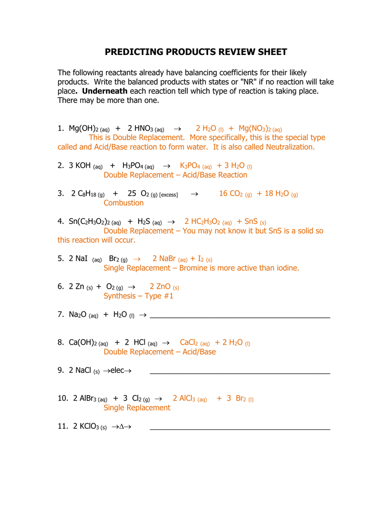 Predicting Products Worksheet Answer Key Chemical Reaction Answers In Predicting Products Of Reactions Chem Worksheet 10 4 Answer Key